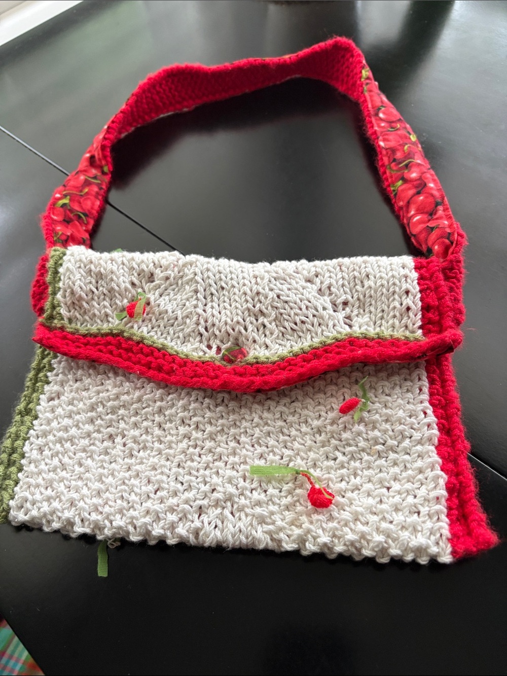 Handmade Red & Cream Knit Shoulder Bag with cherries